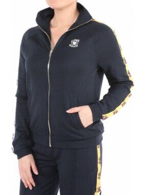 KARSSEN Navy Full Zip Track Jacket Yellow Logo Side Stripe Sporty Small